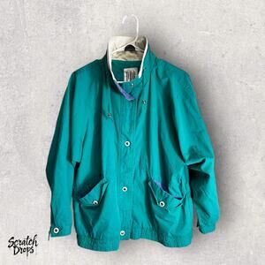 PAO Women's Vintage 90s Green Windbreaker Jacket Size Large Retro Fashion Jacket